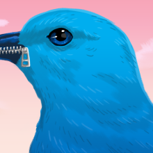 Illustration of a blue bird with it's mouth zip-tied up.