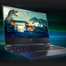 the acer predator helios 300 gaming laptop displalying a dinosaur game on its screen against a blue and green background
