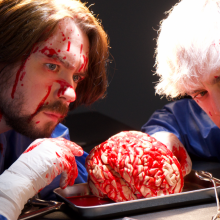 Sean and Ethan huddle over a bloody brain on a dissecting plate.
