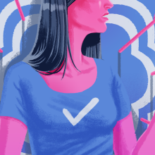 illustration of person in a blue check shirt surrounded by arrows