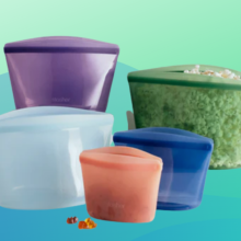 set of 5 silicone bags in purple, blue, sky blue, green, and coral against a blue and green background