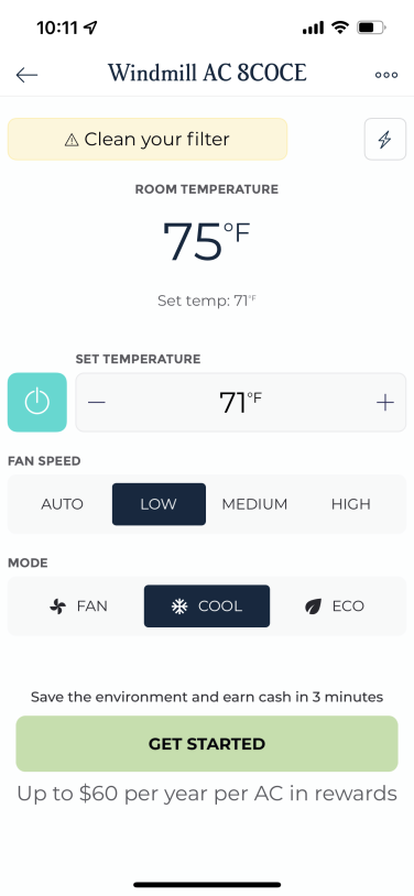 screenshot of room temperature, set temperature, and modes