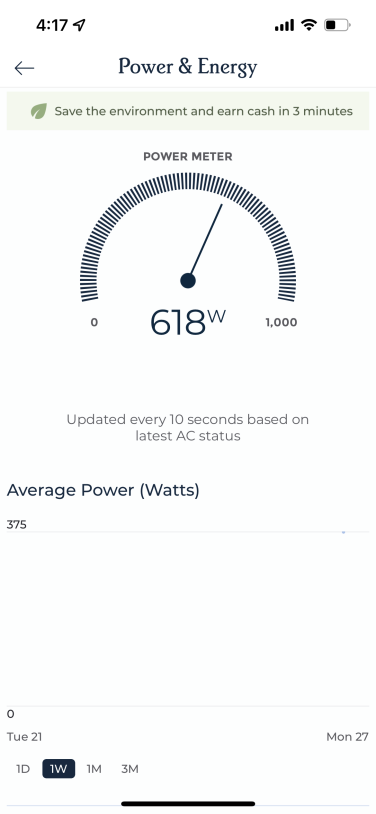 meter showing 618 watts of power being used