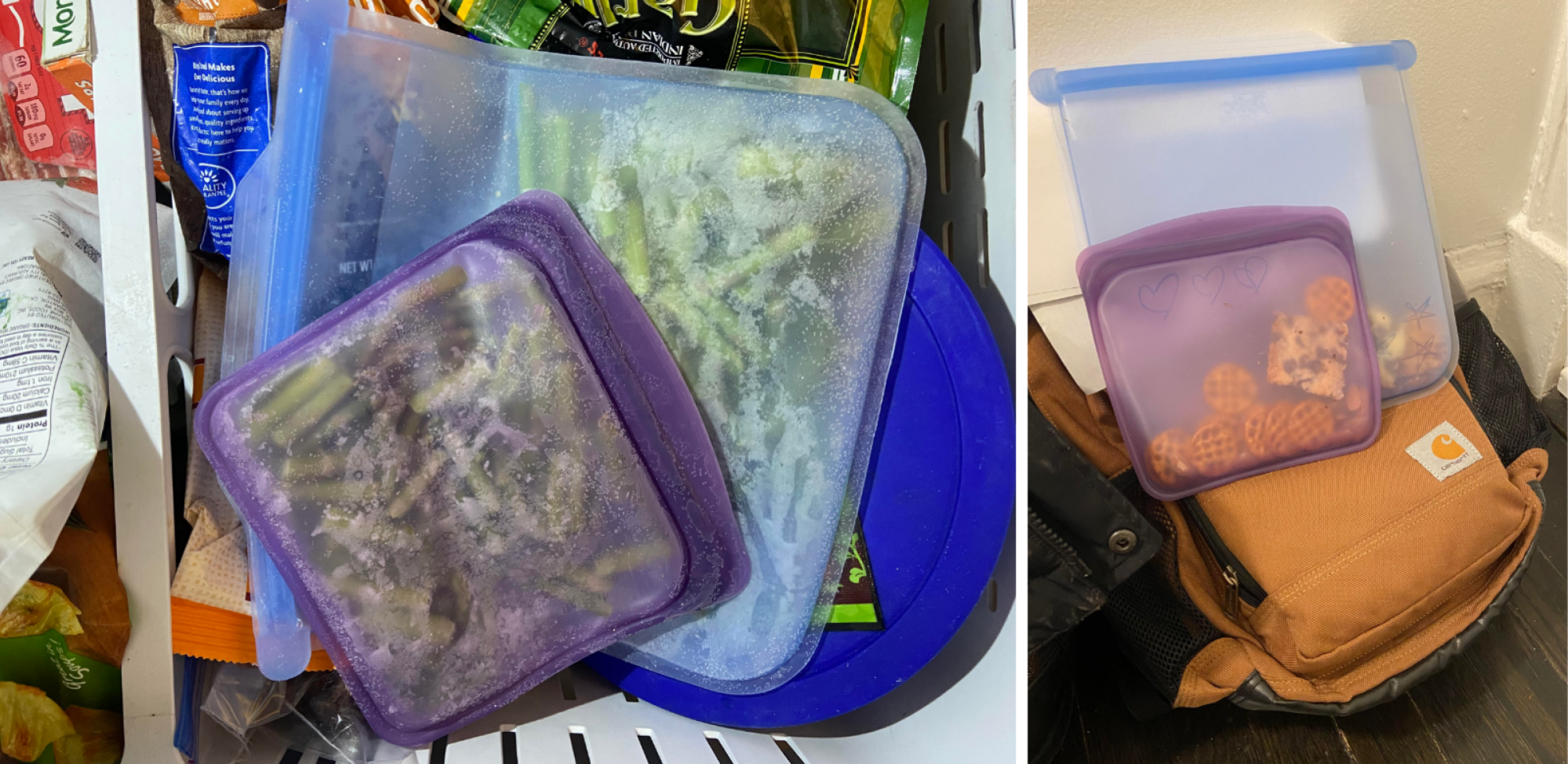 a top down view of silicone bags filled with asparagus in a freezer and silicone bags filled with snacks on a backpack