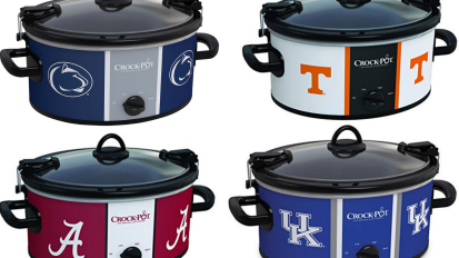 Four crock-pots in different university-themed patterns