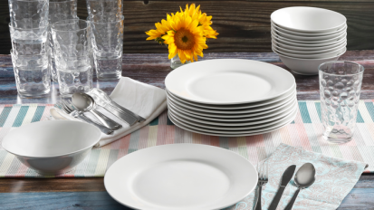 48-piece dinnerware set from Gibson Home on a table.
