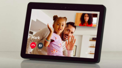 Amazon echo show with child and adult smiling on screen
