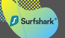 Green, blue, and gray graphic with Surfshark logo